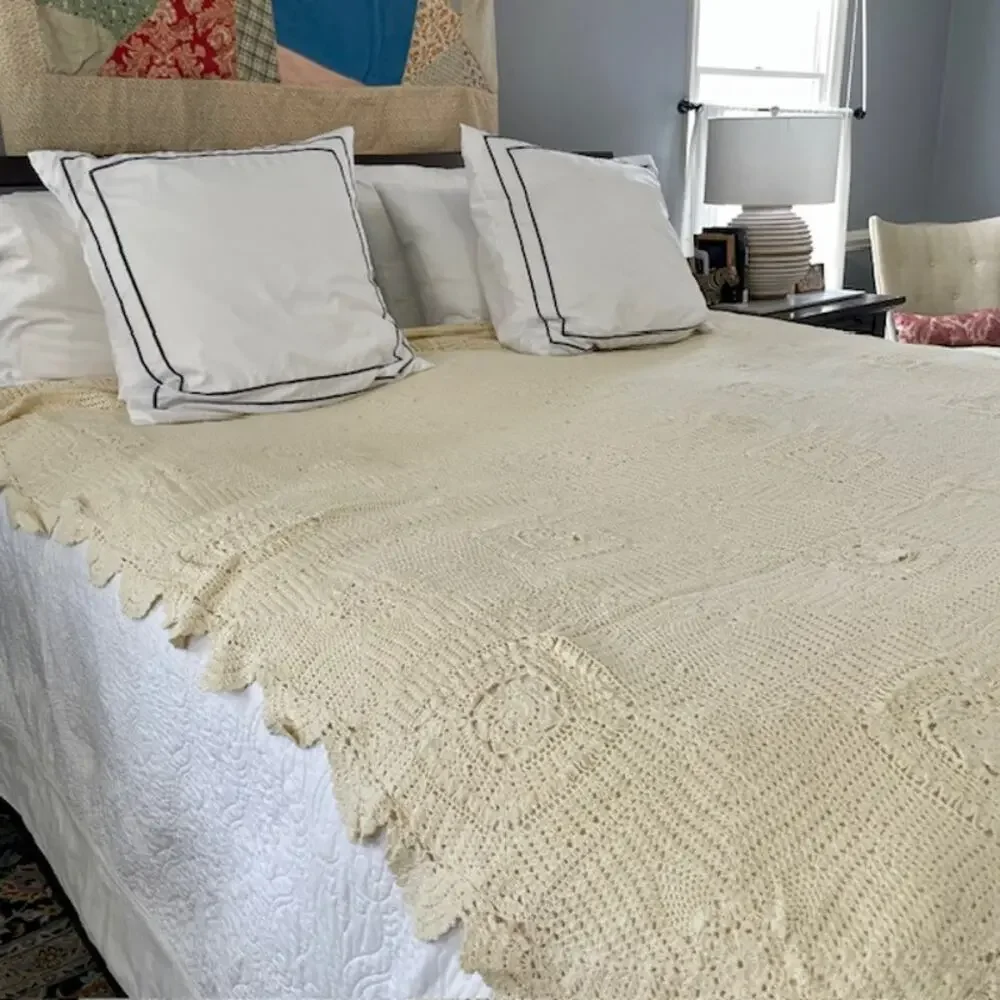 Crochet Style Cotton Granny Square Bedspread 83x83 Ivory Textured Cottagecore